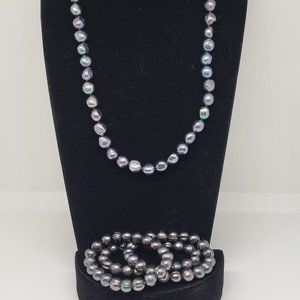BLACK CFWP Pearl 24" Strand Necklace AND 3 Stretch Bracelets